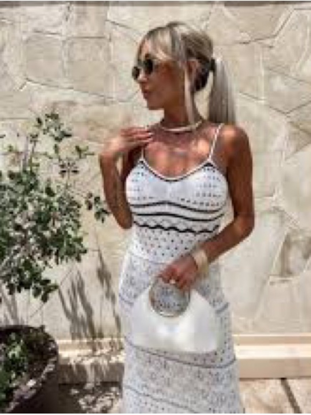 Olive + Oak Women’s White Crochet Maxi Dress with Black Trim